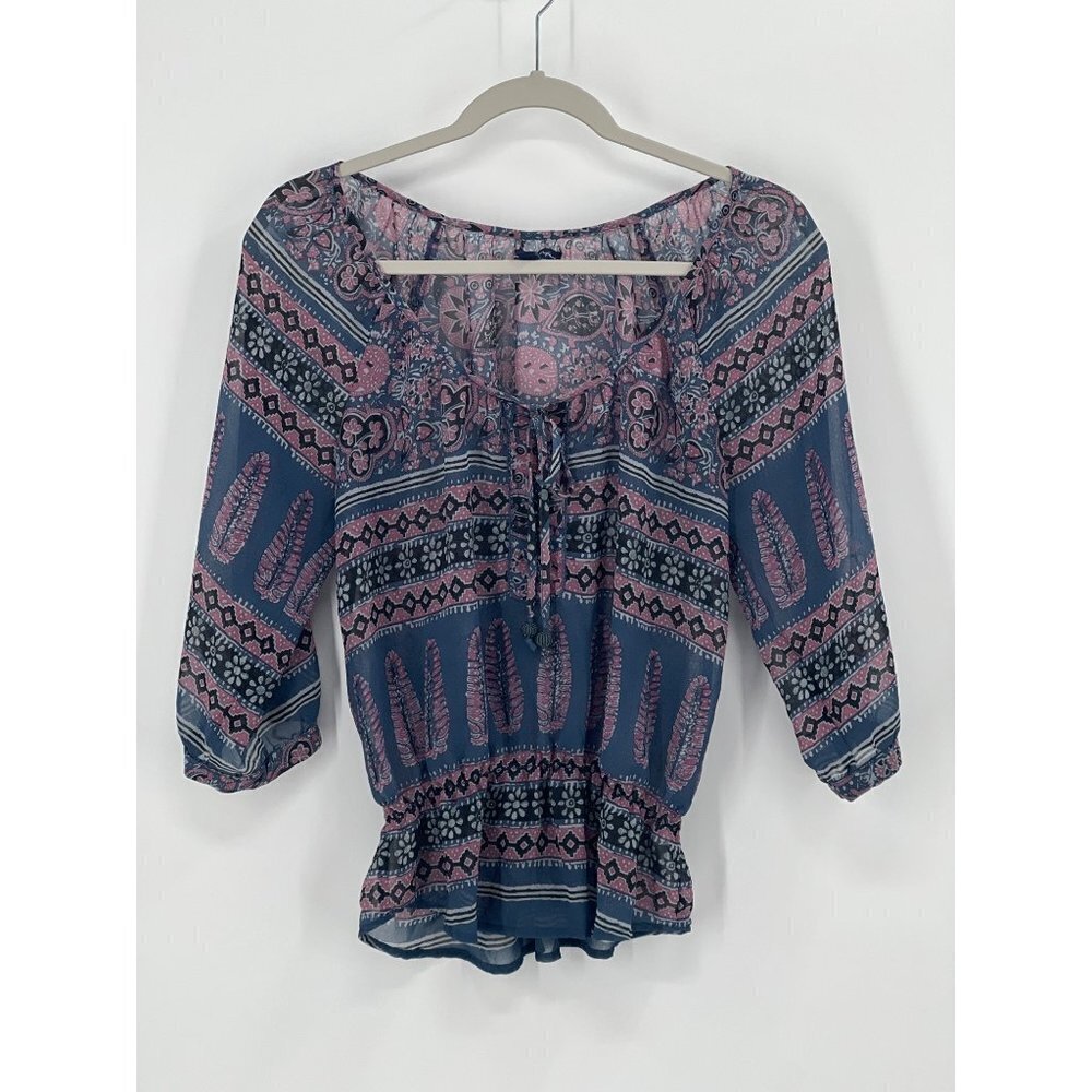 American Eagle Boho Peasant Top Size Small Sheer Tie Front 3/4 Sleeve